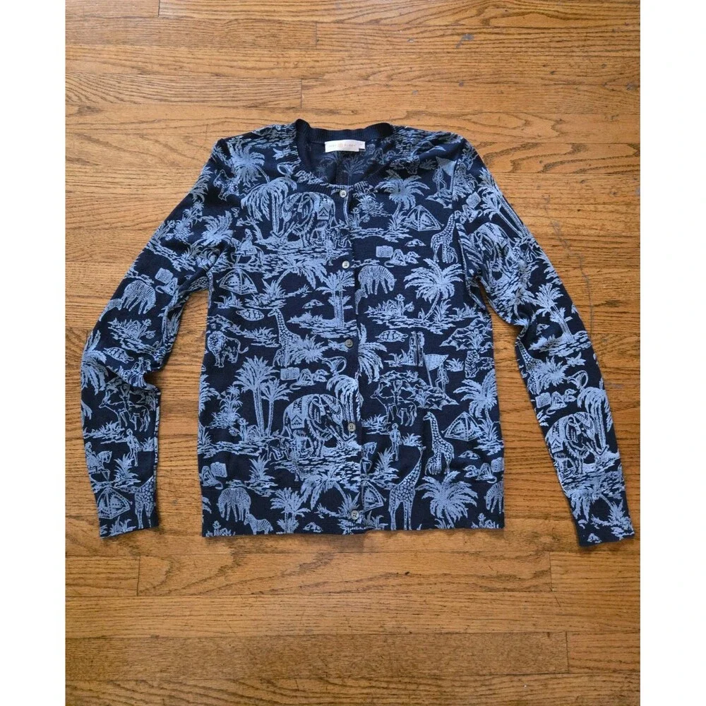 Tory Burch Women's Safari Print Semi Sheer Button Up Cardigan Blue Size Small
